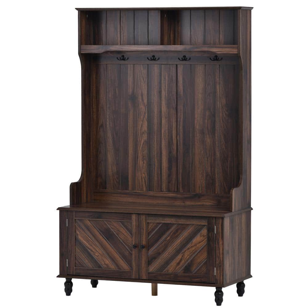 40.1 in. W x 17.7 in. D x 65 in. H Brown Wood Linen Cabinet with Hall Tree,