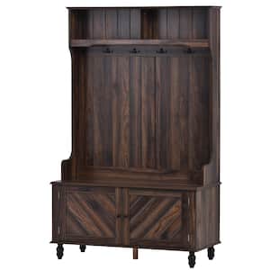 40.1 in. W x 17.7 in. D x 65 in. H Brown Wood Linen Cabinet with Hall Tree, Storage Bench, 4 Hooks and Hanging Bar
