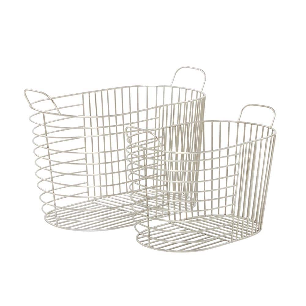 Silver Oval Metal Baskets with Handles - Set of 2