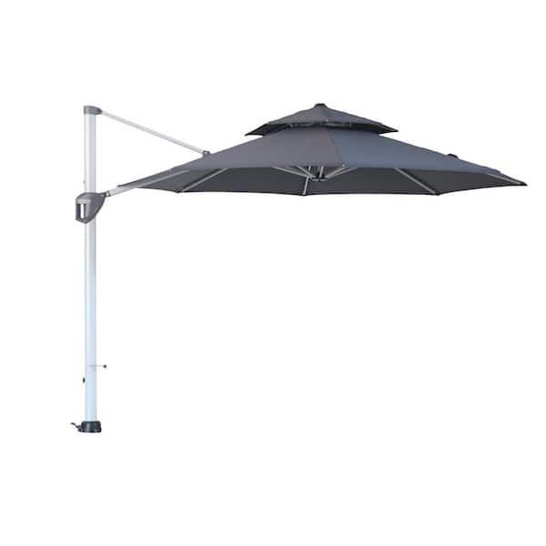Clihome 11 ft. Gray Patio Cantilever Octagonal Outdoor Umbrella With Umbrella Cover 360° Rotating Foot Pedal