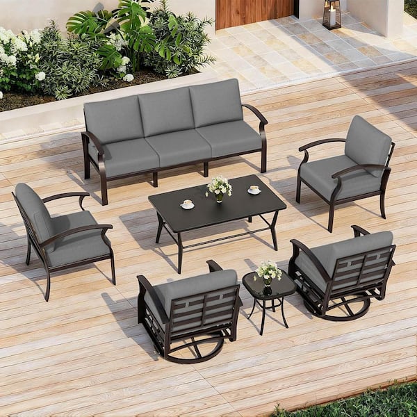 7-Seat Aluminum Outdoor Patio Conversation Set with Swivel Rocking Chairs, Rectangle Coffee Table and Cushions Gray