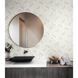 56 Sq. Ft. Gold and Pearl Grey Chevron Faux Tile Pre-Pasted Paper Wallpaper Roll