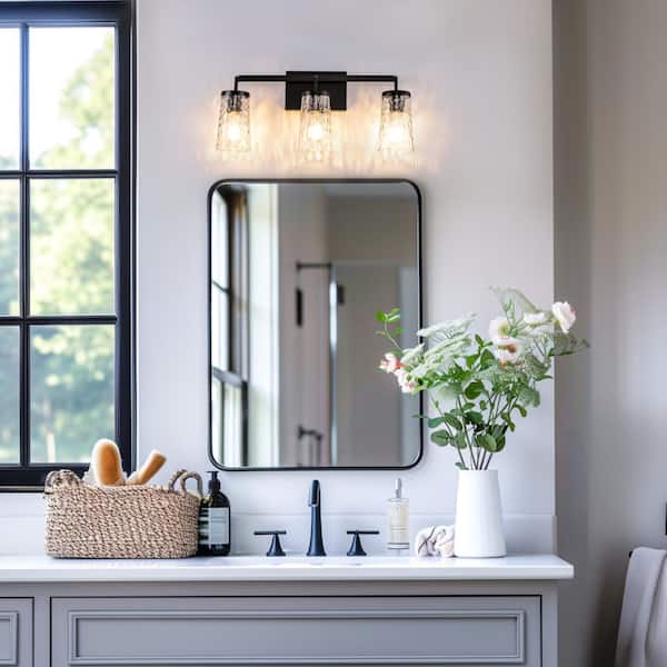 22 in. 3-Light Black Industrial Bell Vanity Light for Bathroom Mirror with Water Glass Shades