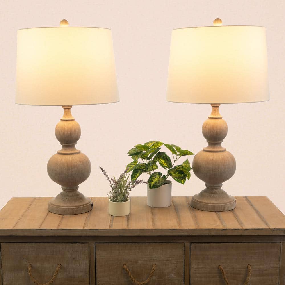 Whitewash Linen Shade 16" Table Lamp Set with USB Ports