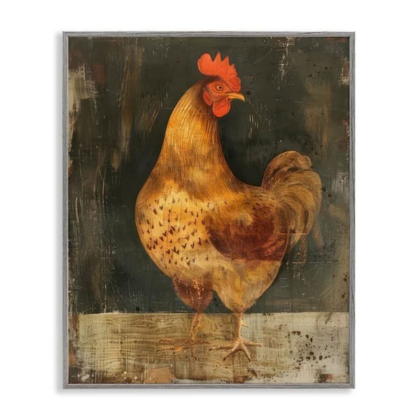 Stupell Industries Chicken on Rustic Background by LSR Design Studio Gray Framed Animal Giclee Art Print 20 in. x 16 in.