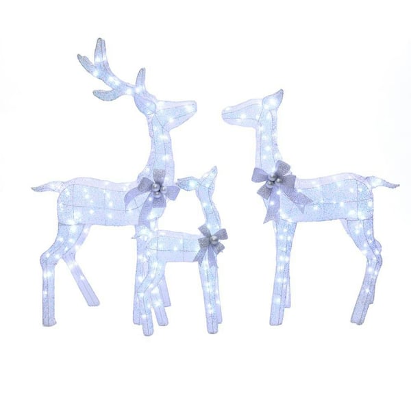 51 in. Set of 3 Lighted White Deer with Silver Bows, Indoor Outdoor Christmas Decoration