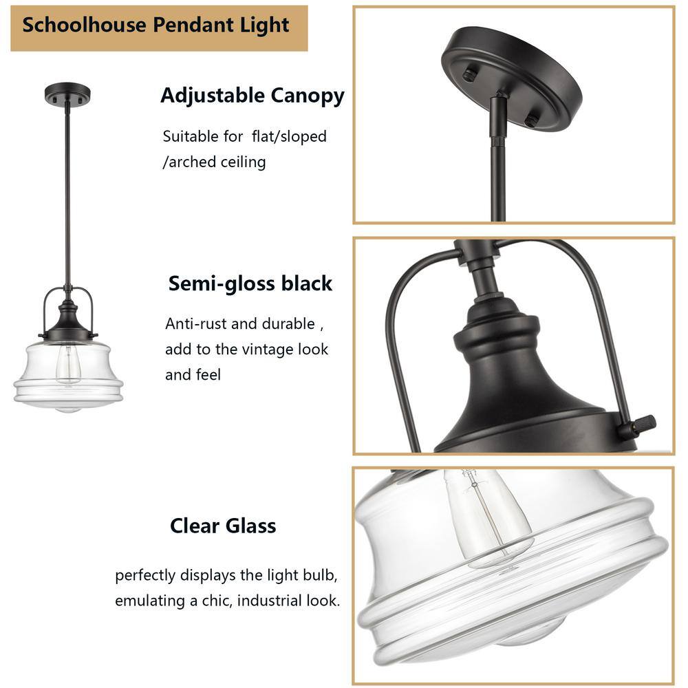 Black Polished Metal Industrial Pendant Light with Clear Glass Shade