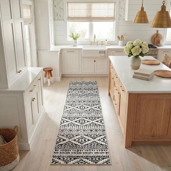 Tulum Ivory/Black 2 ft. x 8 ft. Geometric Runner Rug