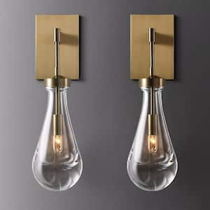 17.7 in. 1-Light Gold Wall Sconce, Raindrop Wall Lighting with Hand Blown Solid Glass, Brass Base and Rod (2-Sets)