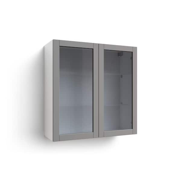 NewAge Products Home Kitchen Gray Particle Board Ext 2-Glass Door Wall Cabinet with Soft Close Door (36 in. W x 13.8 in. D x 36.5 in. H)