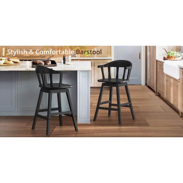 Windsor 37.4 in. Black Solid Wood Barstool Swivel Bar Stool Counter Height Chair with Thicked Spindle Back Set of 2