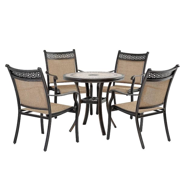 Mondawe 5-Piece Cast Aluminum Round Dining Sling Set with Tile-Top Table and Light Brown Classic Pattern Sling Chairs