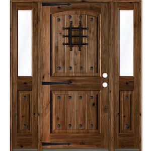 60 in. x 80 in. Mediterranean Knotty Alder Left-Hand/Inswing Clear Glass Provincial Stain Wood Prehung Front Door w/DHSL
