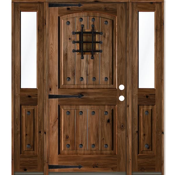 Krosswood Doors 70 in. x 80 in. Mediterranean Knotty Alder Left-Hand/Inswing Clear Glass Provincial Stain Wood Prehung Front Door w/DHSL