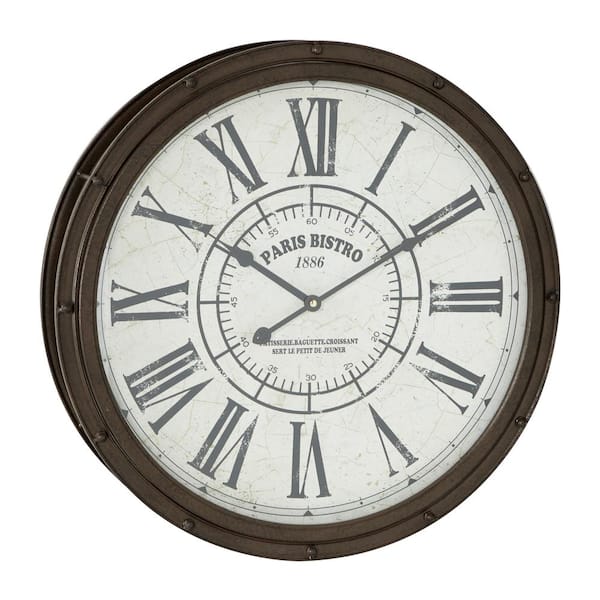Litton Lane Large Round Dark Brown Metal Wall Clock With Roman Numerals 20 In X 90765 The Home Depot - 20 Wall Clock With Second Hand