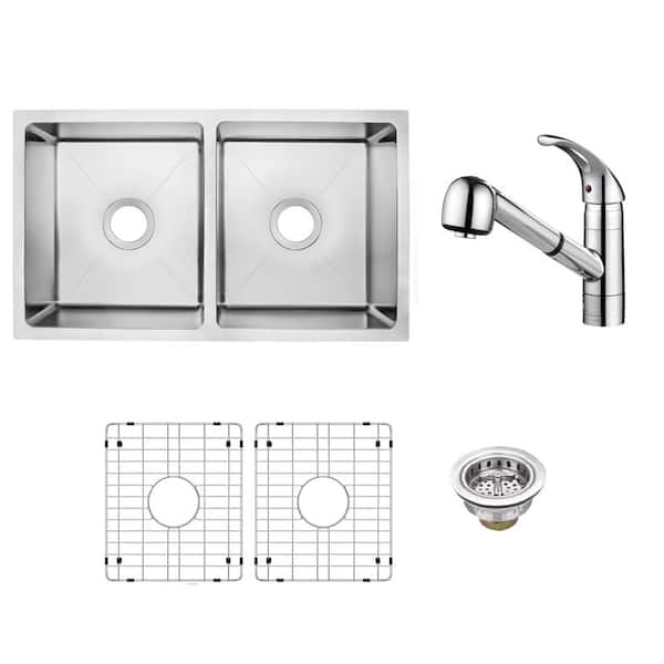 31 in.Tiny Radius Undermount 50/50 Double Bowl 18 Gauge Stainless Steel Kitchen Sink with Pull Out Chrome Kitchen Faucet