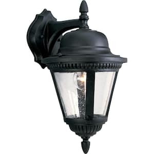 Westport Collection 1-Light Textured Black Clear Seeded Glass Traditional Outdoor Medium Wall Lantern Light