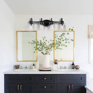 25.2 in. 4-Light Matte Black Modern Bathroom Vanity Light Mirror Wall Light with Black Accents and Seeded Glass Shade