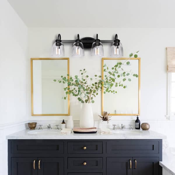 25.2 in. 4-Light Matte Black Modern Bathroom Vanity Light Mirror Wall Light with Black Accents and Seeded Glass Shade