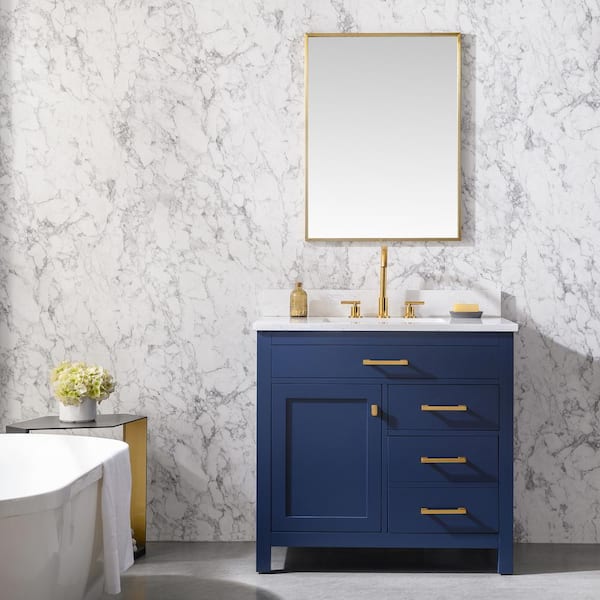 SUDIO Jasper 36 in. W x 22 in. D Bath Vanity in Navy Blue with Engineered Stone Vanity in Carrara White with White Sink