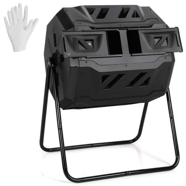 43 Gal. Dual Chamber Outdoor Tumbling Composter Bin with Sliding Doors and Aeration System in Black