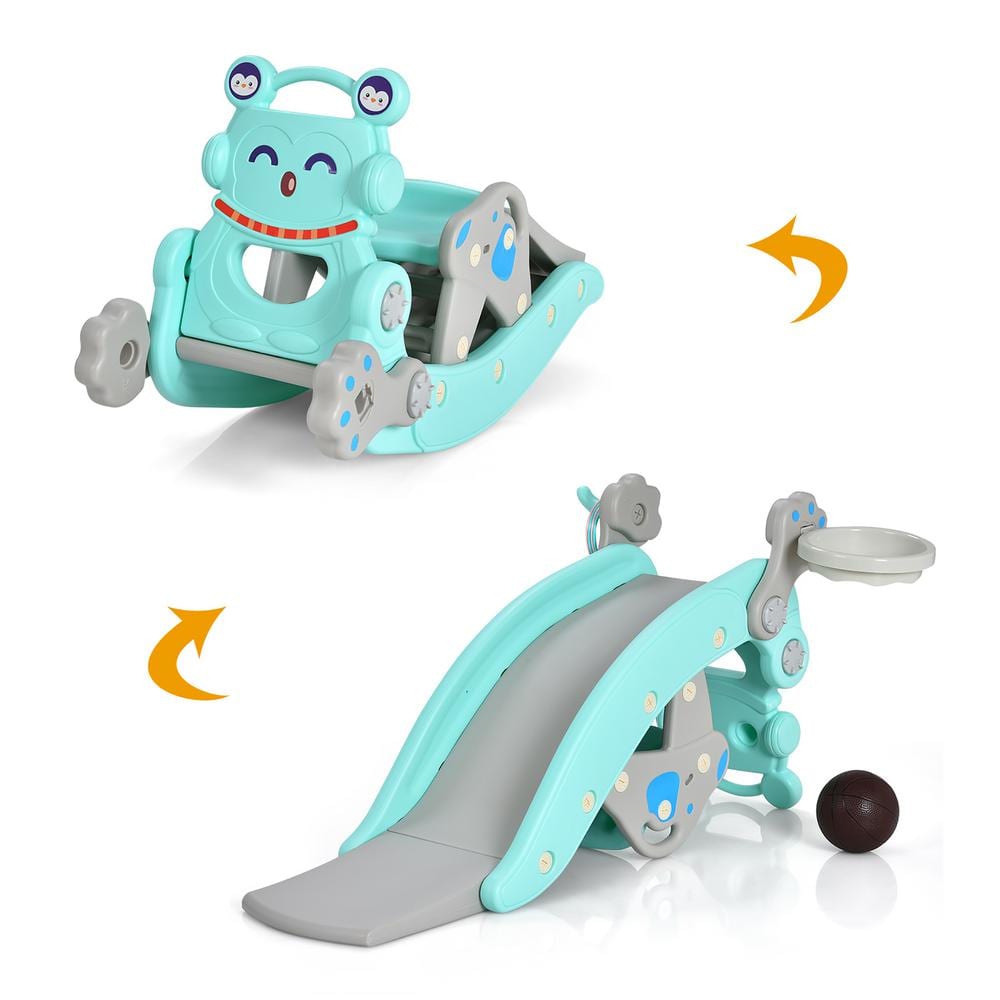 Costway 4-in-1 Rocking Horse and Slide Set Toddler Slide Toy with Basketball Hoop