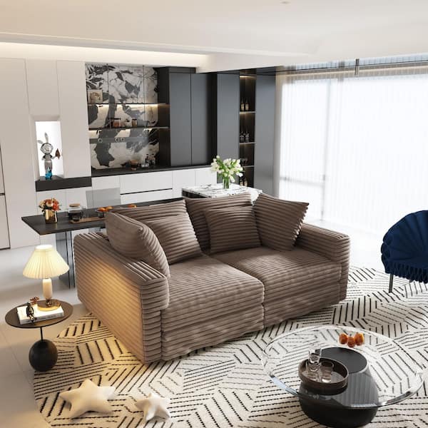 Convertible 102.4 in. Corduroy 4-Seat Sectional Sofa in. Camel with 2-Pillows, Transform to Lounge Chair