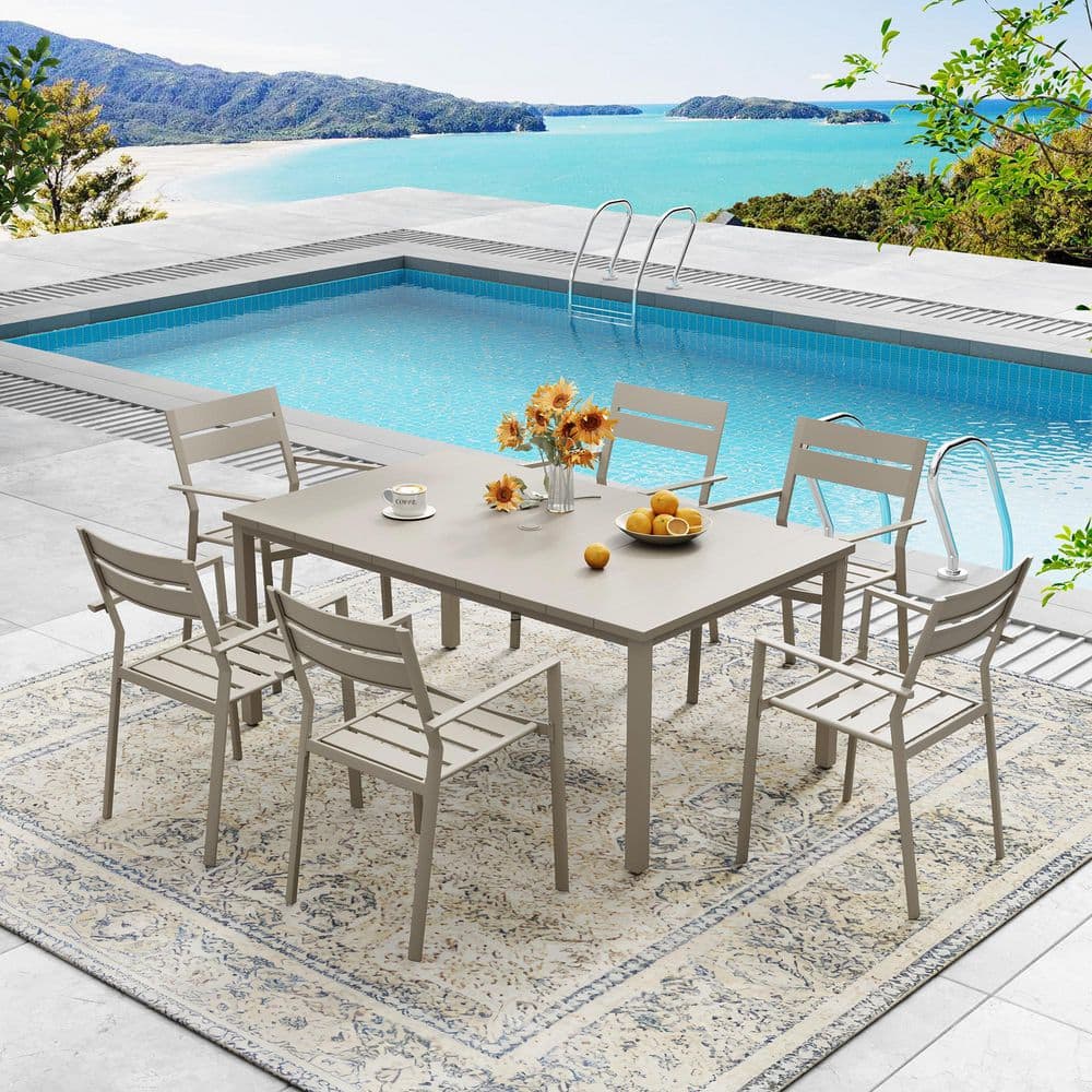 7-Piece Metal Outdoor Patio Dining Set with 63 in. Sandshell Rectangle Slatted Table and 6 Sandshell Stackable Chairs price history on PriceWatchPro