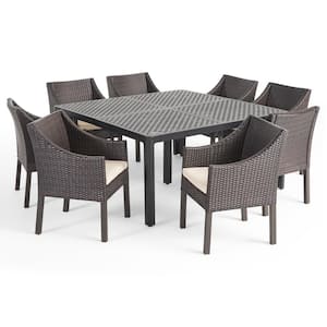 Barnwell 29 in. Matte Black 9-Piece Aluminum Square Outdoor Dining Set with Beige Cushions