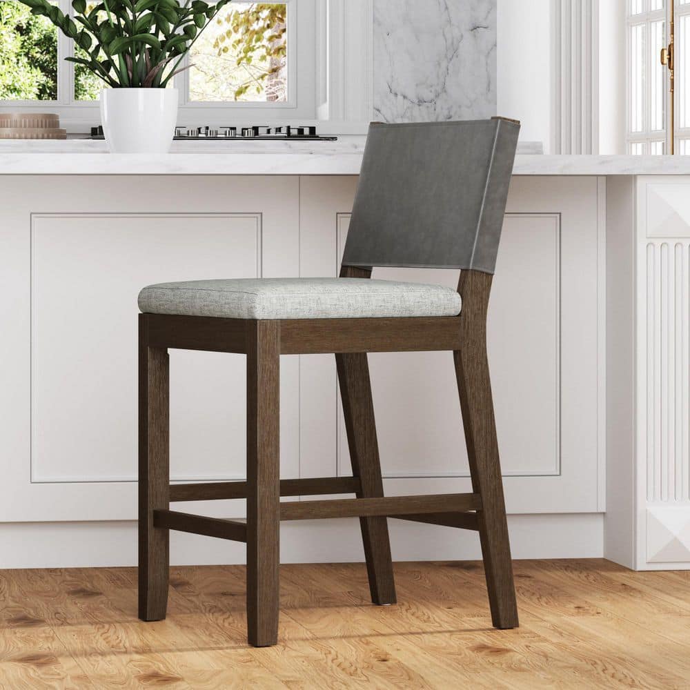 Linus 36 in. Modern Wood Counter Height Bar Stool with Faux Leather Back and Ivory Upholstered Fabric Seat price history on PriceWatchPro