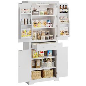 Tall White Engineered Wood 24 in. Kitchen Pantry Cabinet with Adjustable Shelves, Glass Doors and Led Lights