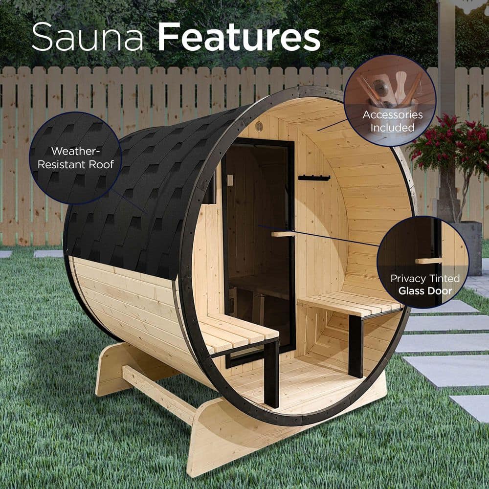 3-Person Yellow Pine Wood Oval Barrel Sauna with Glass Door
