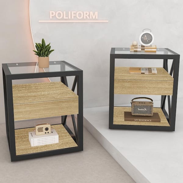 Seafuloy Natural Wood 17.72 in. W Metal X-Frame Rectangle Glass Nightstand /End Table with Drawer (Set of 2)
