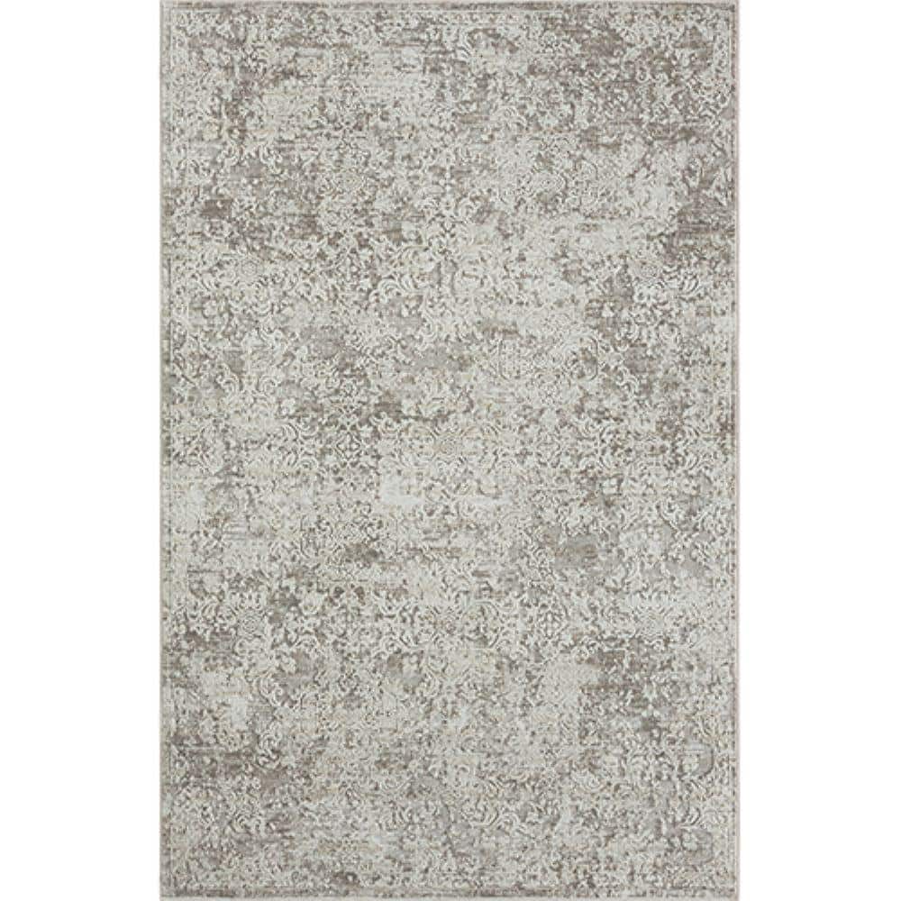 Transitional Distressed Gray 4 ft. x 6 ft.  Bordered Floral High-Low Textur