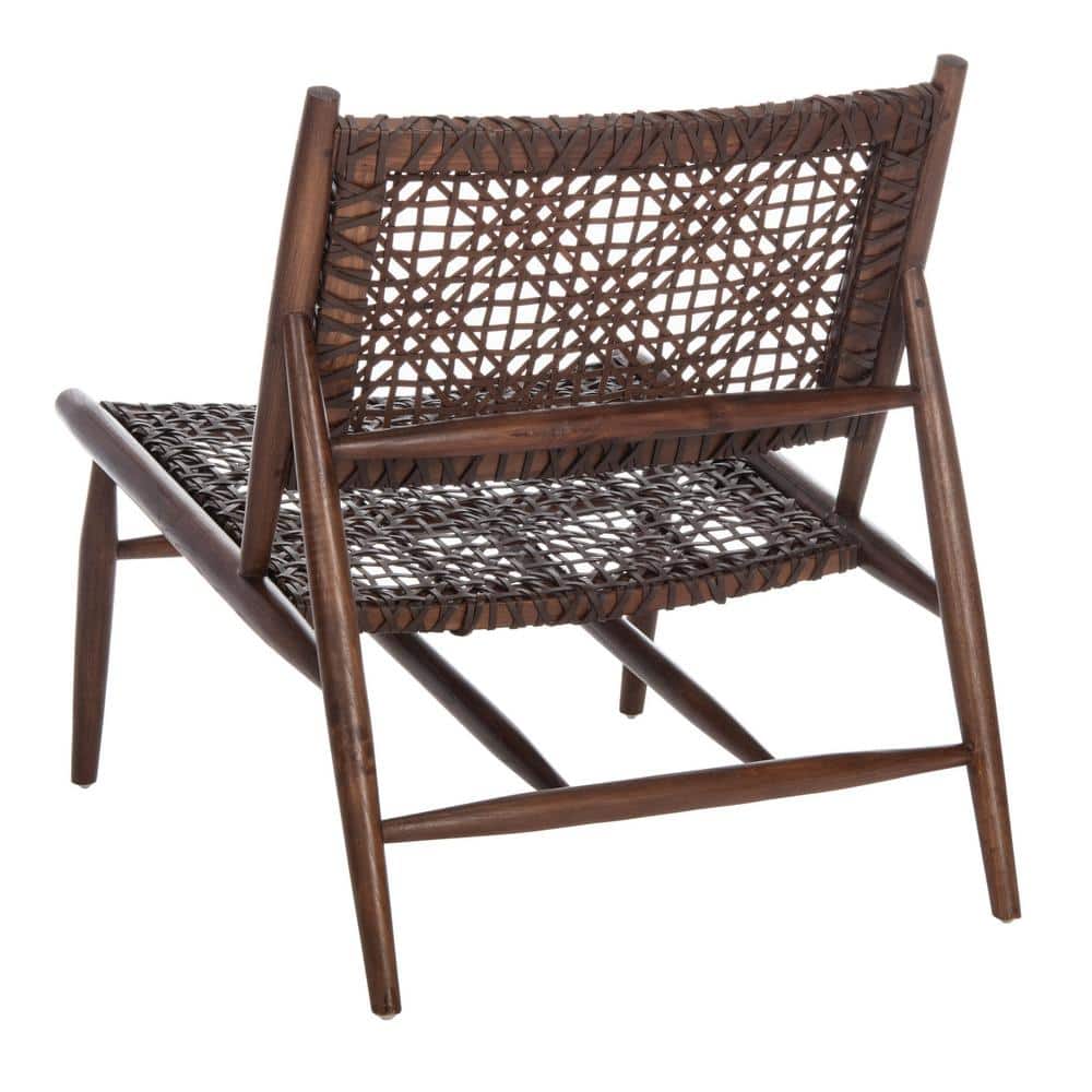 Transitional Brown Leather Weave Accent Chair with Sungkai Wood