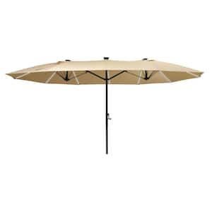 15 ft. Outdoor Rectangular Innovative Crank Market Patio Umbrella in Beige with Fiberglass Ribs and LED Lights