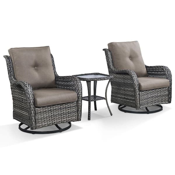 3-Piece Gray Wicker Patio Conversation Set Outdoor Rocking Chair and Side Table with Gray Cushions