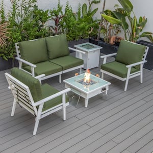 Walbrooke White 5-Piece Aluminum Square Patio Fire Pit Set with Green Cushions, Slats Design and Tank Holder