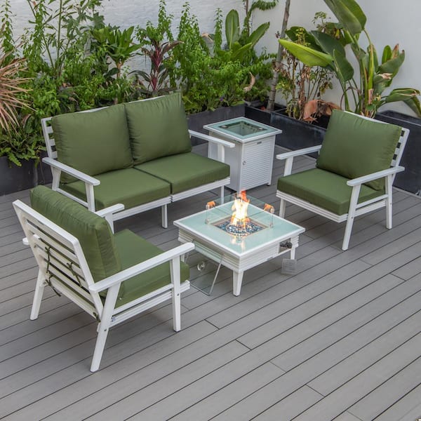 Leisuremod Walbrooke White 5-Piece Aluminum Square Patio Fire Pit Set with Green Cushions, Slats Design and Tank Holder
