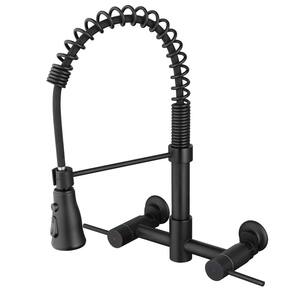Double Handle Wall Mounted Gooseneck Pull Down Sprayer Kitchen Faucet in Matte Black