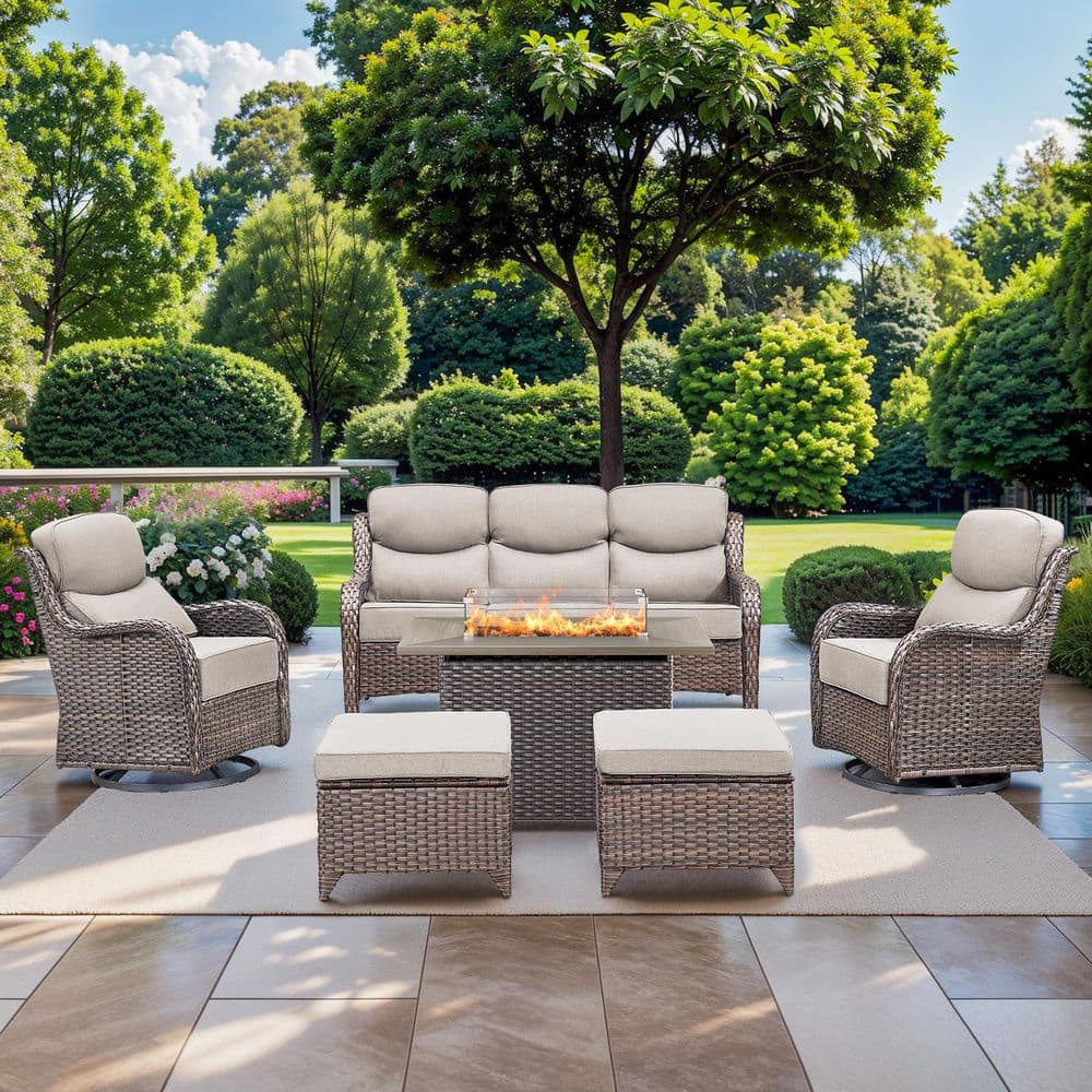 NovaSwivel Brown 6-Piece Wicker Patio Fire Pit Set Outdoor Conversation Swivel Chair Set with 6 in. Thick Beige Cushions price history on PriceWatchPro