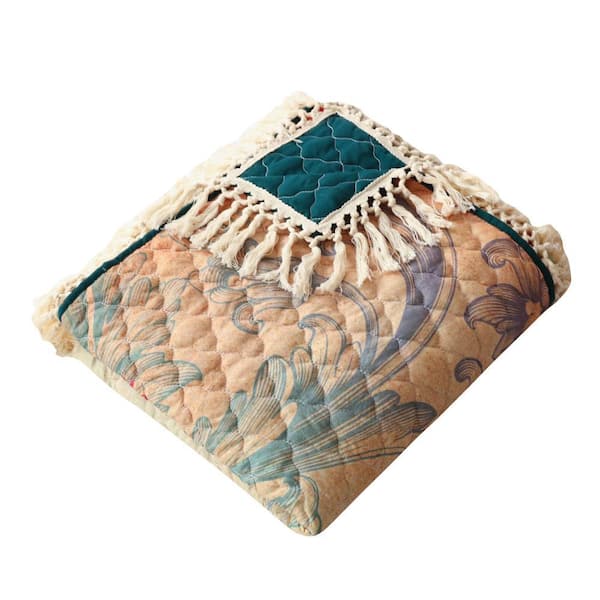 Benjara Blue, Orange and Red Floral Design Microfiber Throw Blanket