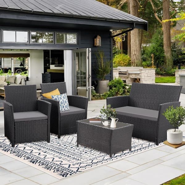 4-Piece Black Wicker Patio Conversation Seating Set with Dark-Gray Cushions and Coffee Table for Porch, Yard, Apt