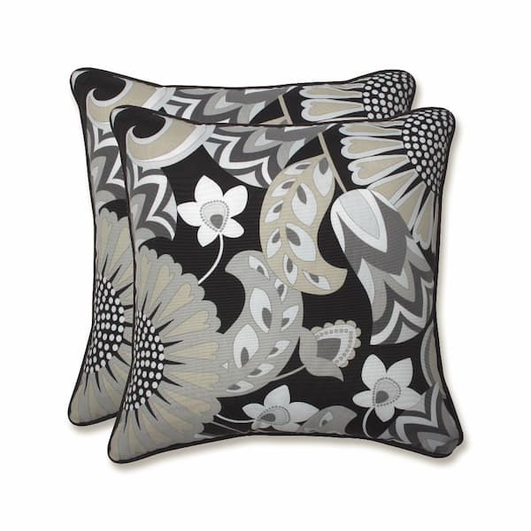 Pillow Perfect Floral Black Square Outdoor Square Throw Pillow 2-Pack
