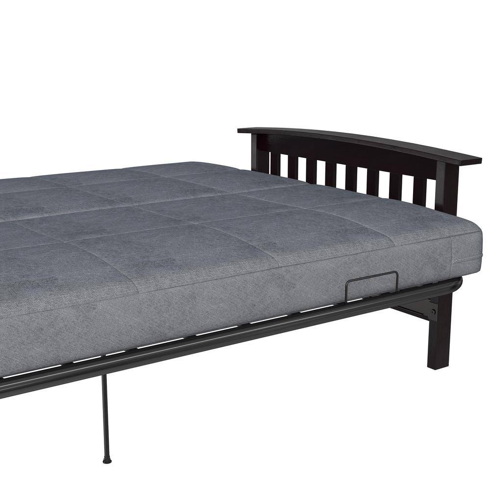 Gray Linen Reclining Futon with Dark Wood Arms and Metal Frame