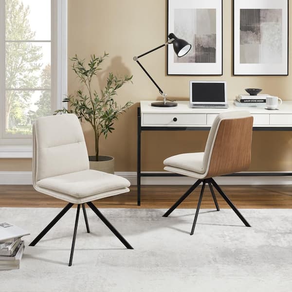 Armless Fabric Swivel Desk Chair in Off White with Wood Legs