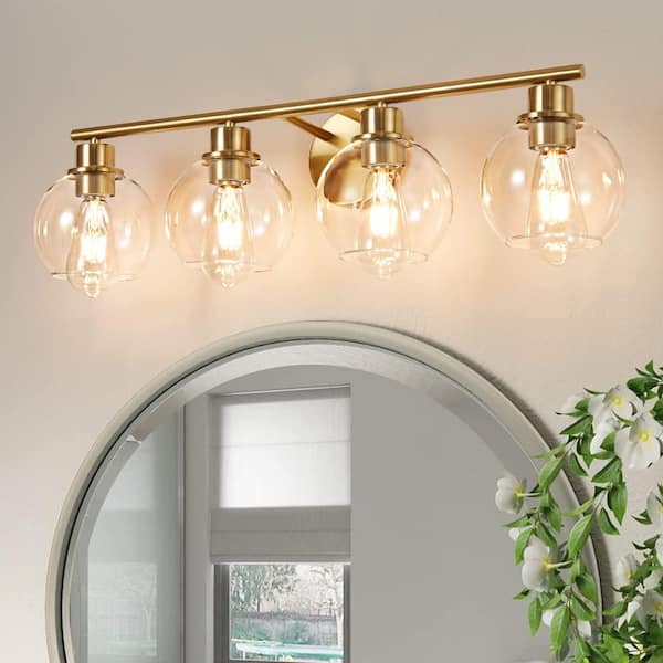 Deyidn Modern 29.53 in. 4-Light Gold Bathroom Vanity Light Interior Powder Room LED Lighting with Clear Globe Shades