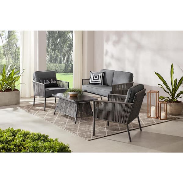 Hampton Bay Tolston 4-Piece Wicker Outdoor Patio Conversation Set with Charcoal Cushions