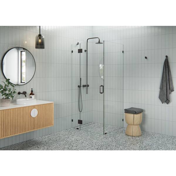 Glass Warehouse 37 in. W x 33 in. D x 78 in. H Pivot Frameless Corner Shower Enclosure in Oil Rubbed Bronze Finish with Clear Glass