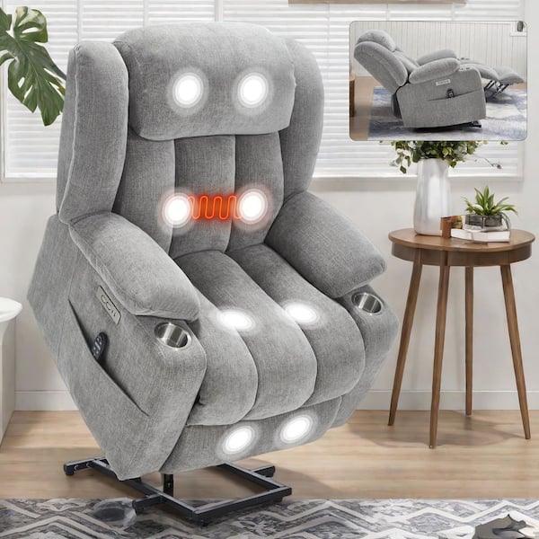 J&E Home Gray Chenille Heat Massage Motor Power Lift Recliner Chair with USB Port and Hidden Cup Holders